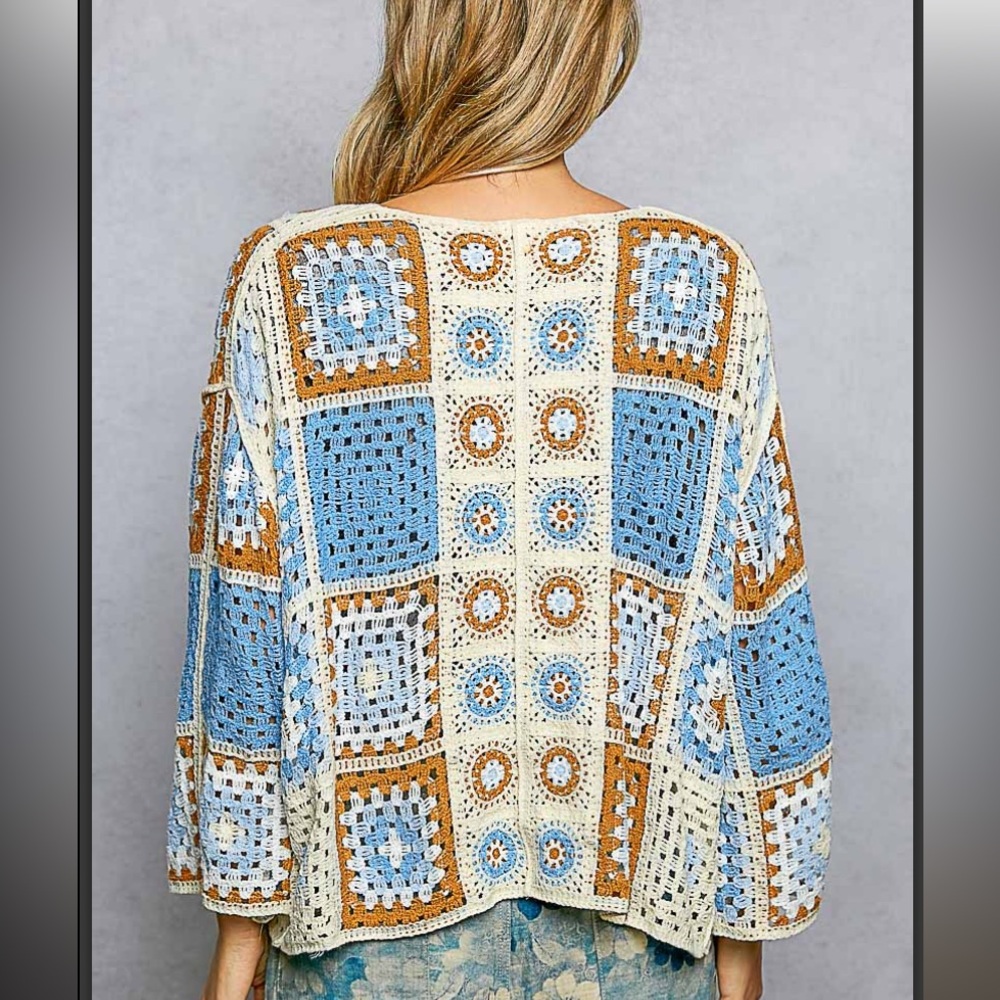 POL Blue and Brown Crochet Cardigan